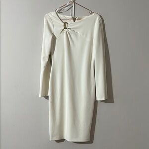 Calvin Klein Elegant Cream Dress with Gold Accents
